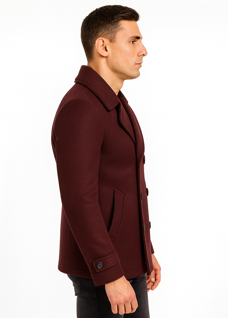 Men's Wool Burgundy ~ Wine Wool Double Breasted Coat ~ Designer men's Wool Peacoat Sale - Coat Size 38