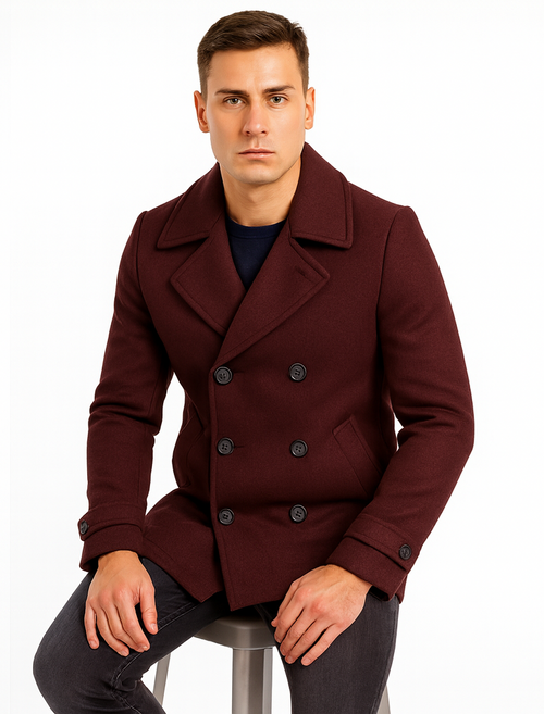 Men's Wool Burgundy ~ Wine Wool Double Breasted Coat ~ Designer men's Wool Peacoat Sale
