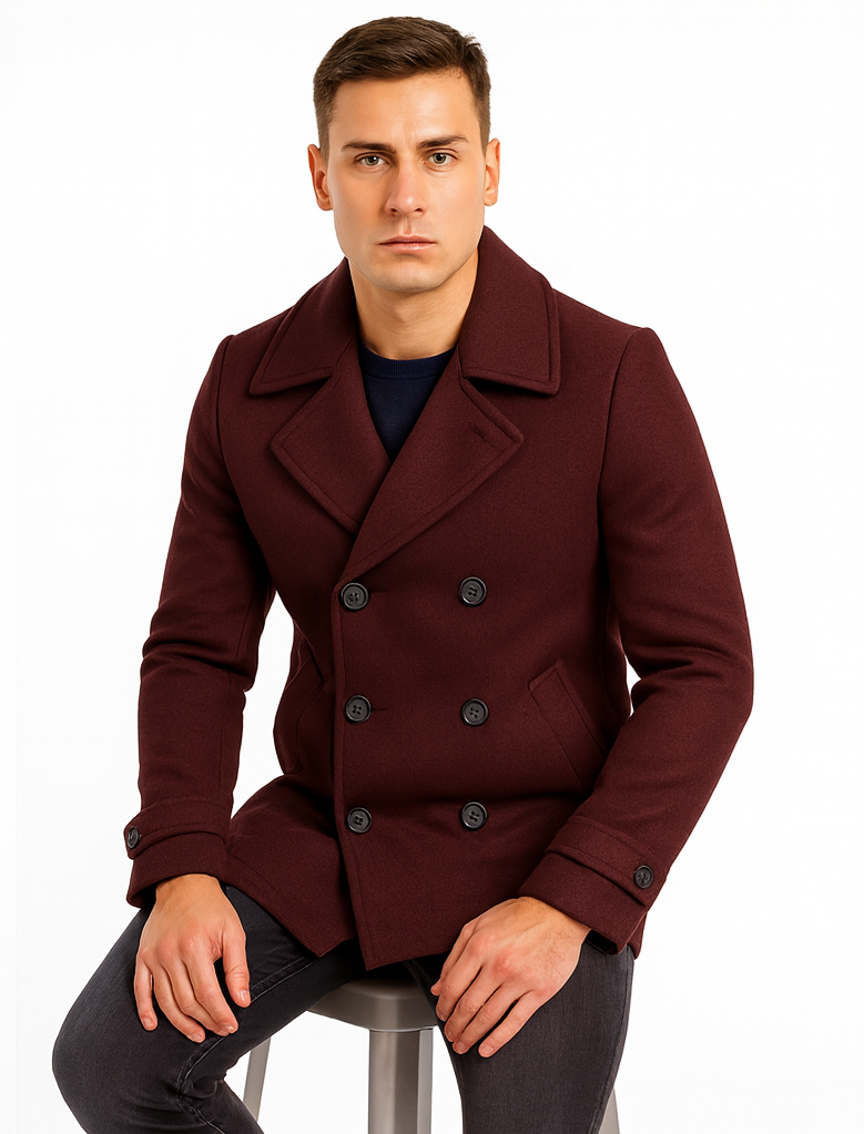 Men's Wool Burgundy ~ Wine Wool Double Breasted Coat ~ Designer men's Wool Peacoat Sale - Coat Size 38