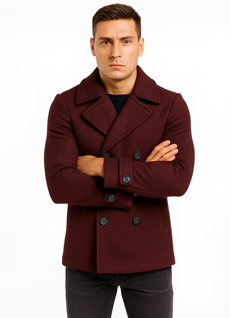 Men's Wool Burgundy ~ Wine Wool Double Breasted Coat ~ Designer men's Wool Peacoat Sale - Coat Size 38