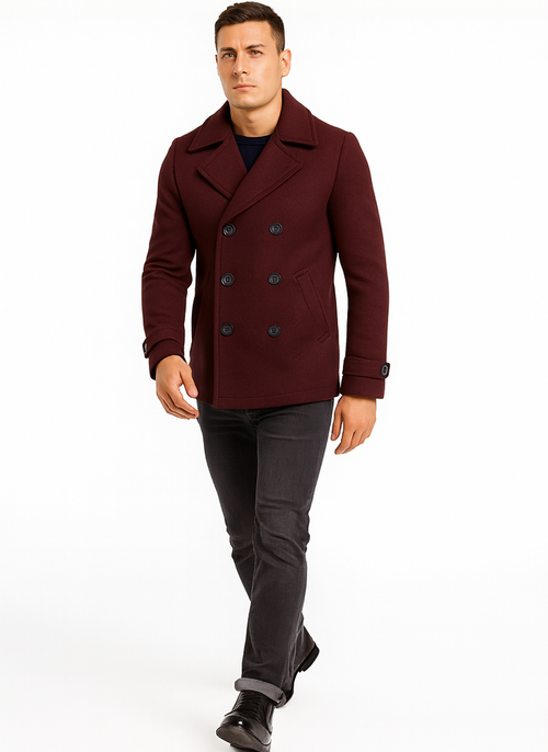 Men's Wool Burgundy ~ Wine Wool Double Breasted Coat ~ Designer men's Wool Peacoat Sale