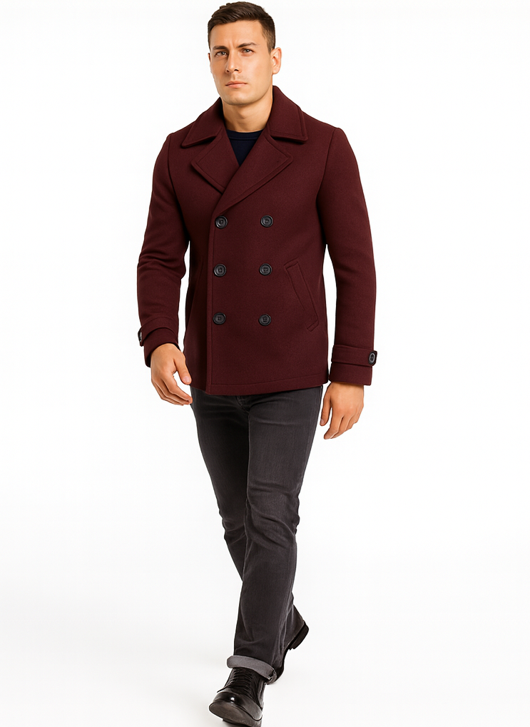 Men's Wool Burgundy ~ Wine Wool Double Breasted Coat ~ Designer men's Wool Peacoat Sale - Coat Size 38