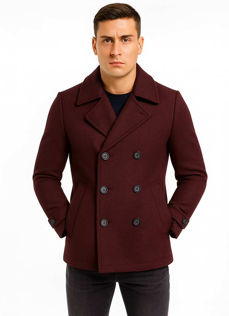 Men's Wool Burgundy ~ Wine Wool Double Breasted Coat ~ Designer men's Wool Peacoat Sale - Coat Size 38