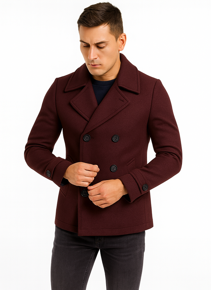 Men's Wool Burgundy ~ Wine Wool Double Breasted Coat ~ Designer men's Wool Peacoat Sale