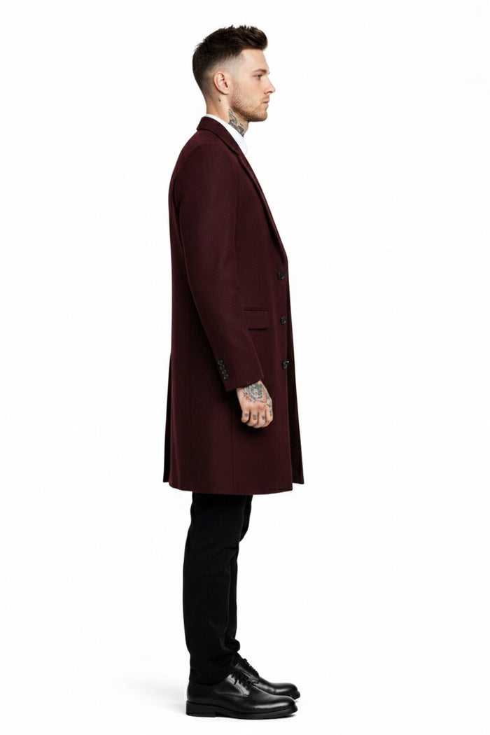 Mens Notch Lapel Wool Burgundy Wine Car Coat