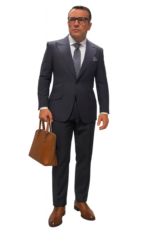 Statement Suits - Wool Suits - Peak Lapel Suits - Ticket Pocket - Modern Fit - Charcoal Stripe Suit-New Designer Collection