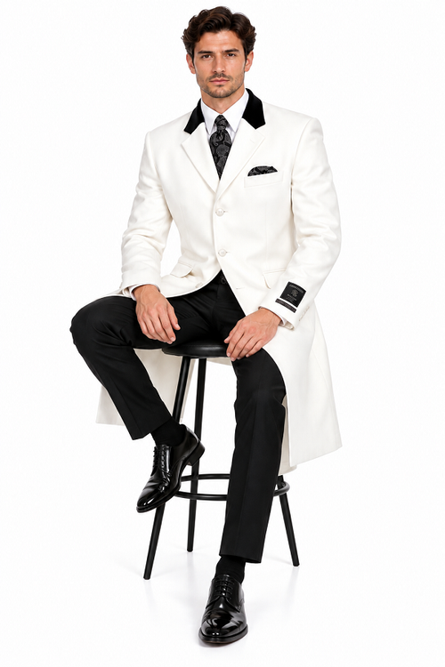 Mens Wool Coat Cashmere Full Length Top White Overcoat