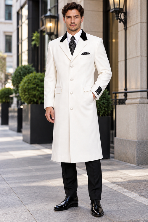 Mens Wool Coat Cashmere Full Length Top White Overcoat