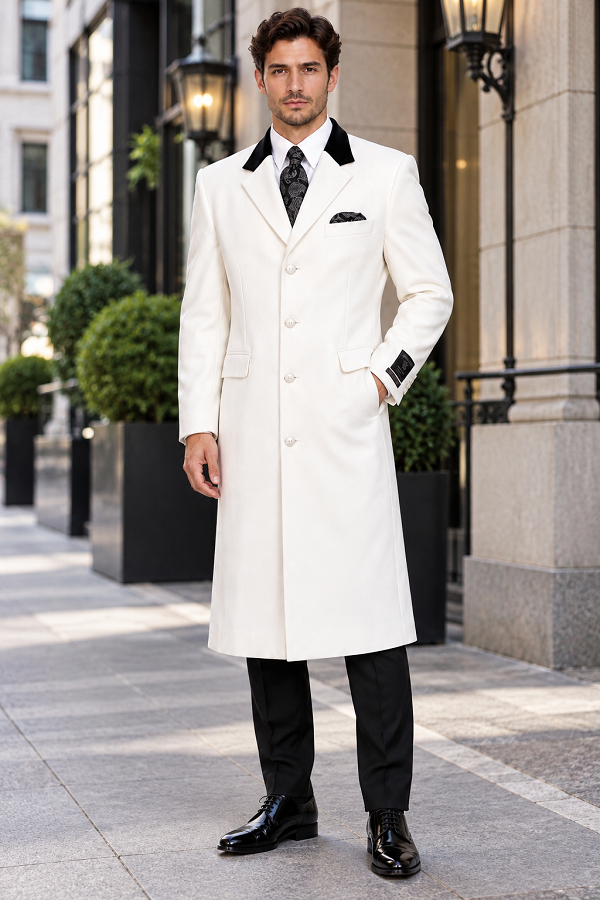 Mens Wool Coat Cashmere Full Length Top White Overcoat
