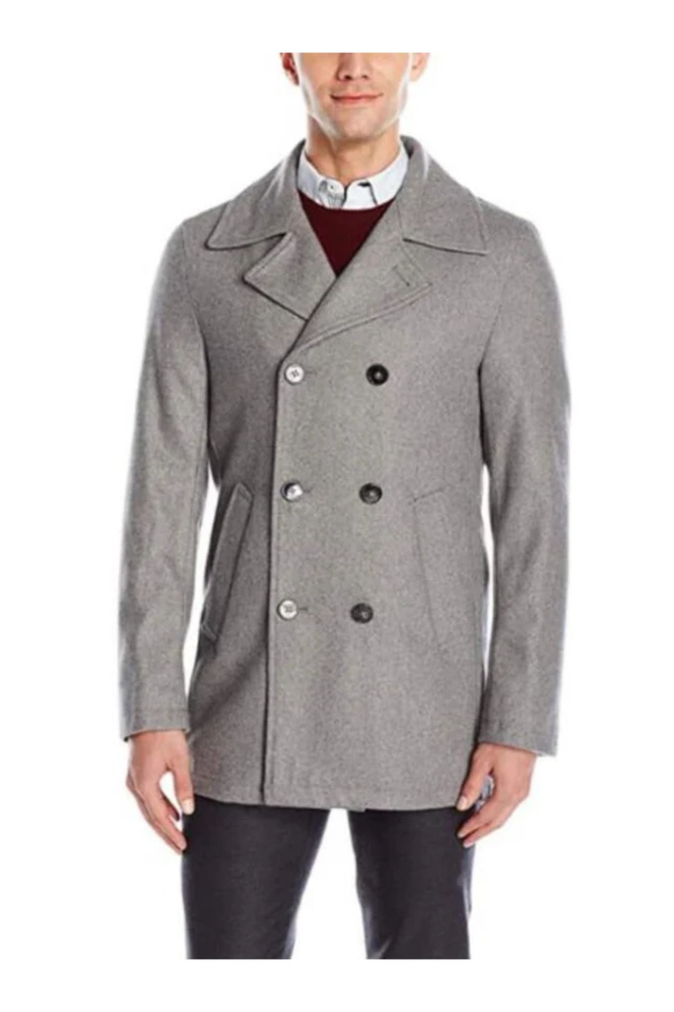 Men's Wool Light Grey ~ Wine Wool Double Breasted Peacoat - Coat Size 38