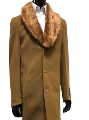 Mens Wool mens Overcoat With Fur Collar Full Length 48 Inches Camel