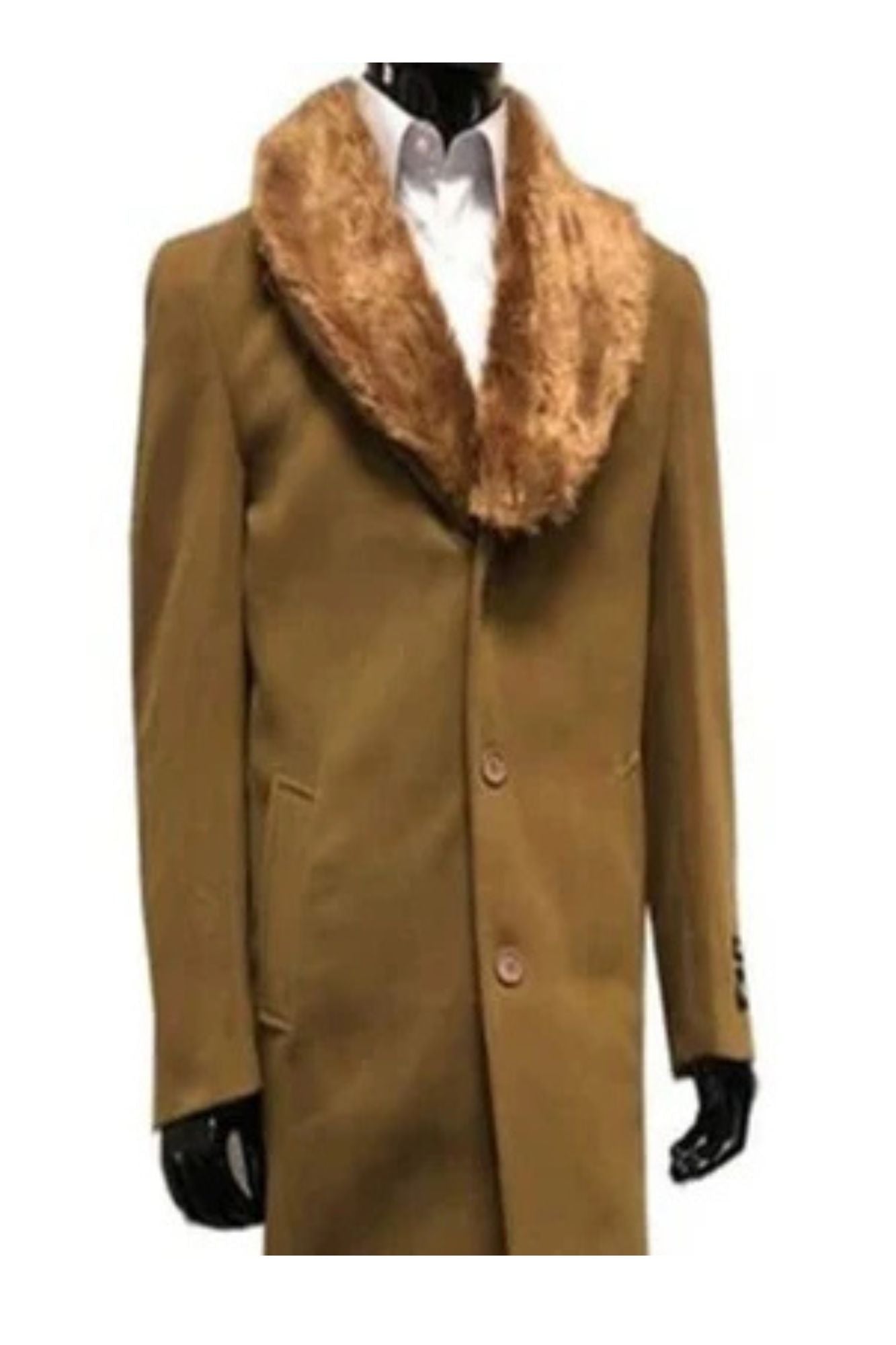 Mens Wool mens Overcoat With Fur Collar Full Length 48 Inches Camel