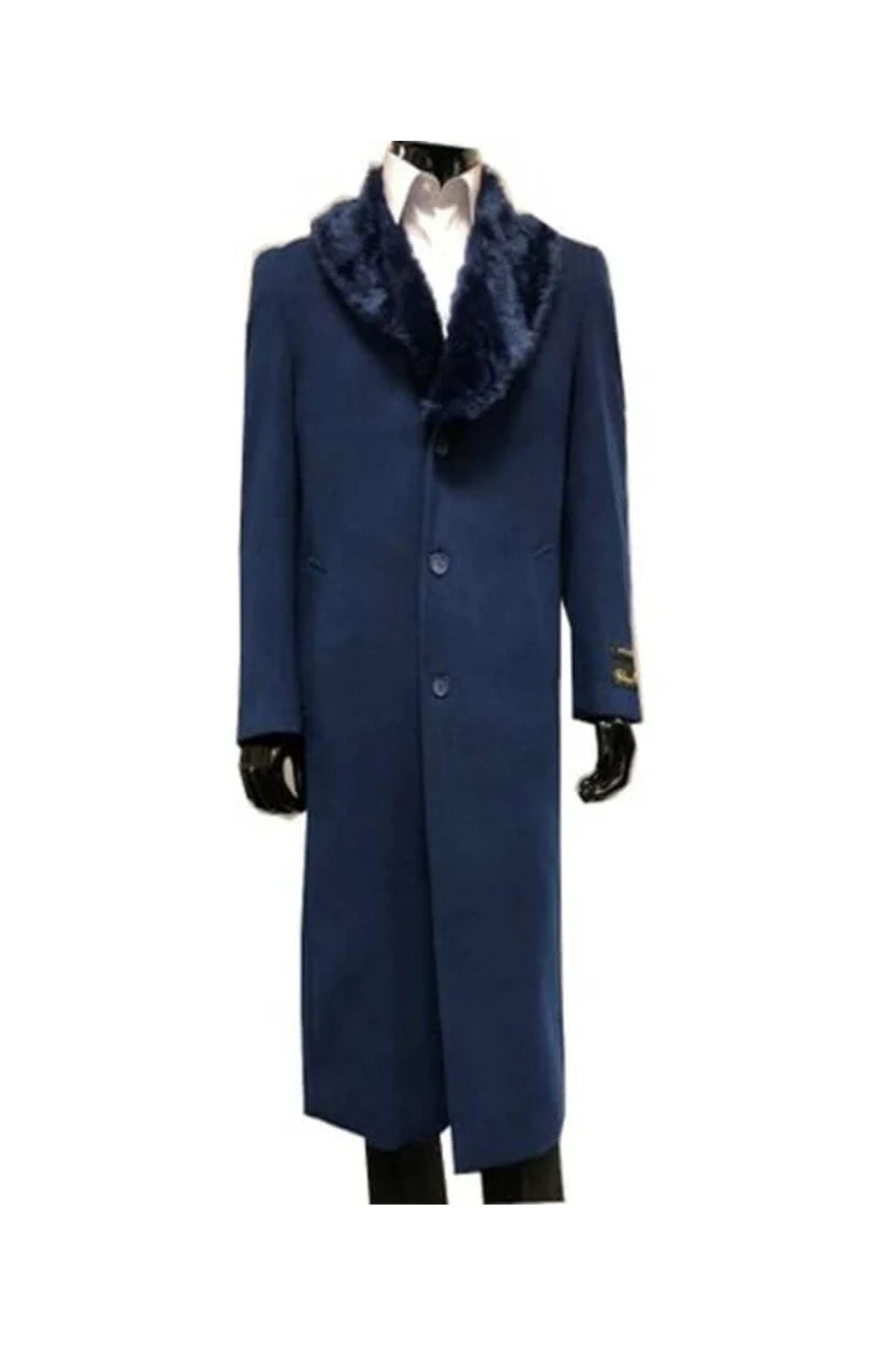 Mens Wool Overcoat With Fur Collar Full Length 48 Inches Blue Color - Navy Blue Topcoat - Coat Size 38