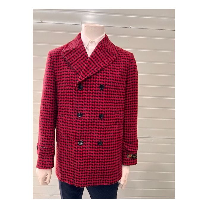 Mens Wool Plaid Peacoat - Plaid Pattern Wool Burgundy Coat