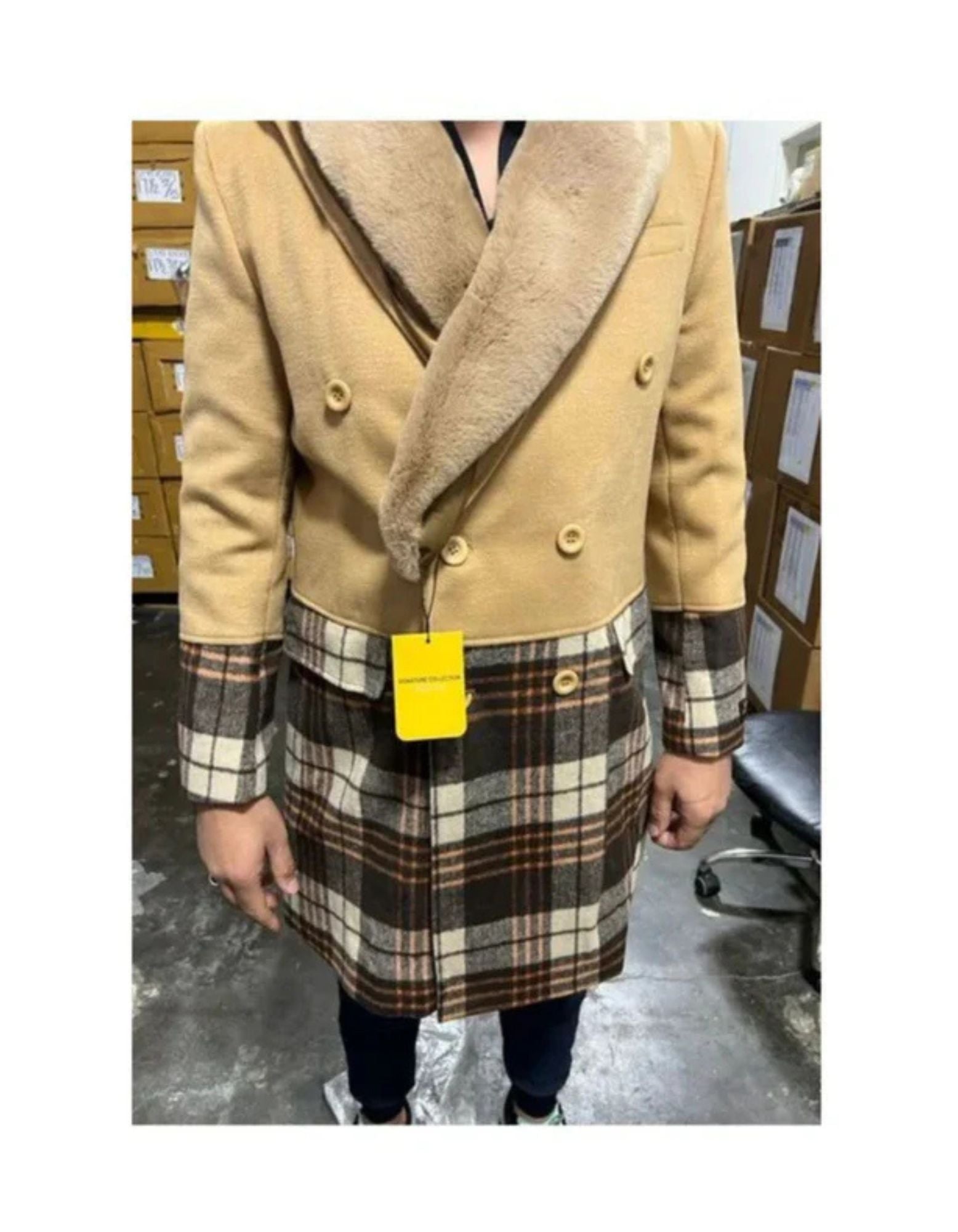 Mens Wool Plaid Peacoat - Plaid Pattern Wool camel-tan Coat - Coat Size 38