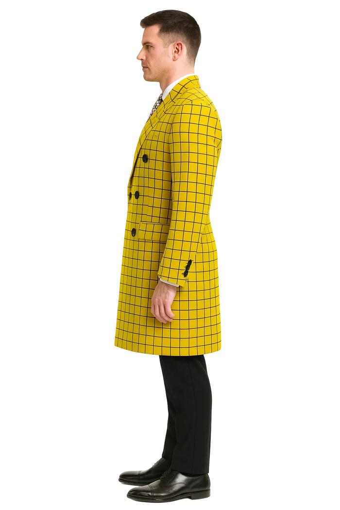 Mens Plaid Overcoat - Wool Peacoat - Plaid Topcoats Yellow
