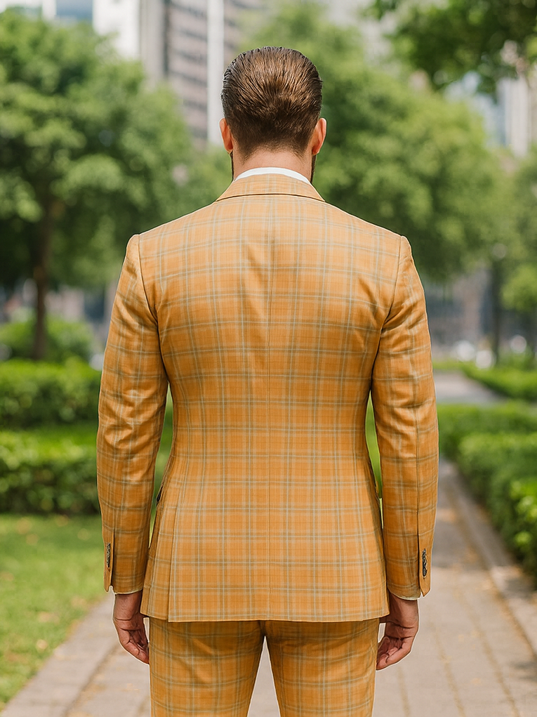 Elegant Yellow Check Suit for Men – Three-Piece Groom Outfit - 34 Short or Extra Small