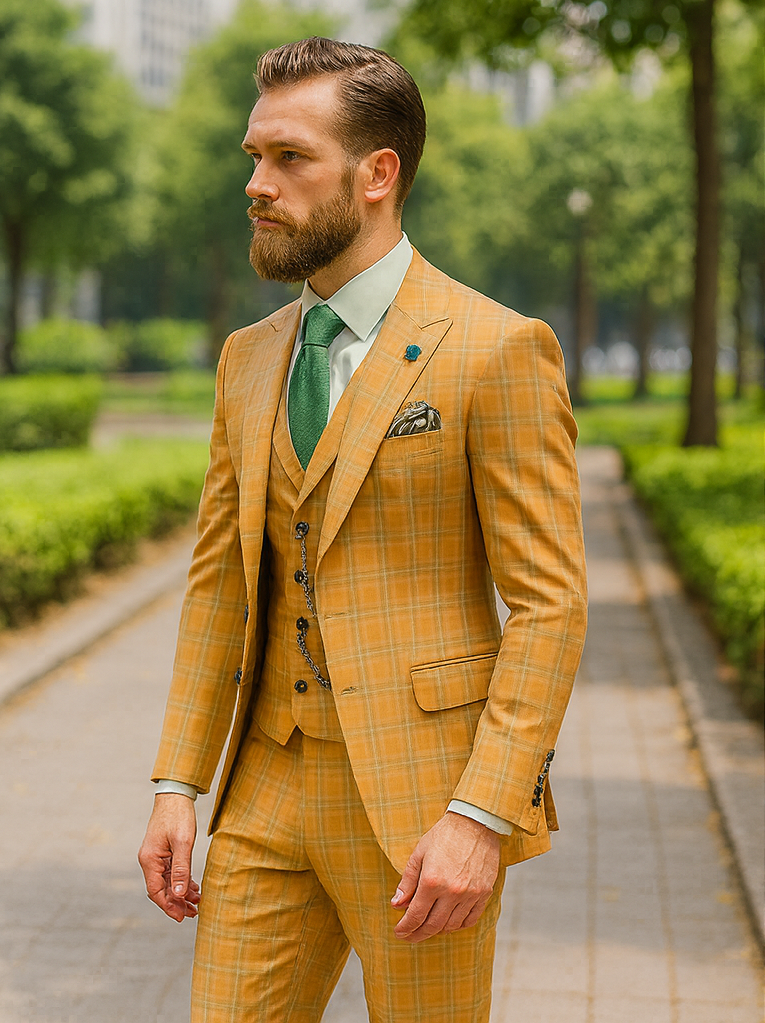 Elegant Yellow Check Suit for Men – Three-Piece Groom Outfit - 34 Short or Extra Small