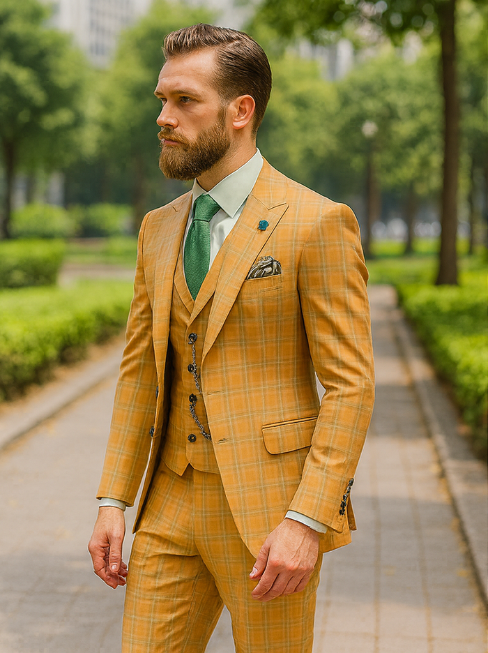Elegant Yellow Check Suit for Men Three-Piece Groom Outfit