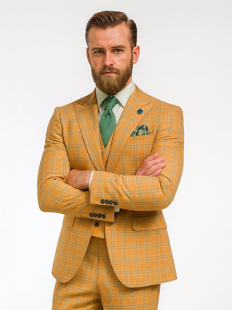 Elegant Yellow Check Suit for Men – Three-Piece Groom Outfit - 34 Short or Extra Small