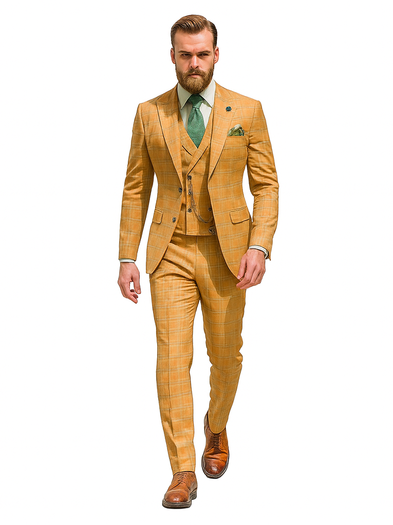 Elegant Yellow Check Suit for Men – Three-Piece Groom Outfit - 34 Short or Extra Small