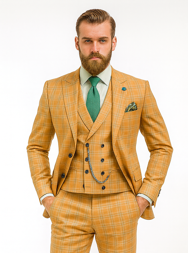 Elegant Yellow Check Suit for Men – Three-Piece Groom Outfit - 34 Short or Extra Small