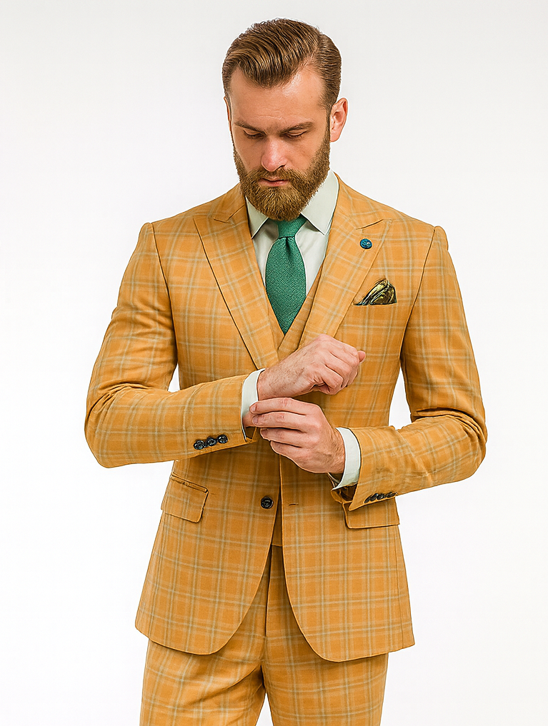 Elegant Yellow Check Suit for Men – Three-Piece Groom Outfit - 34 Short or Extra Small