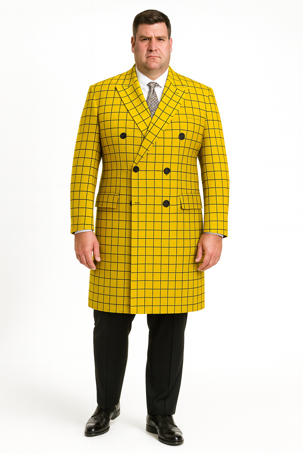 Mens Plaid Overcoat - Wool Peacoat - Plaid Topcoats Yellow - Coat Size 38