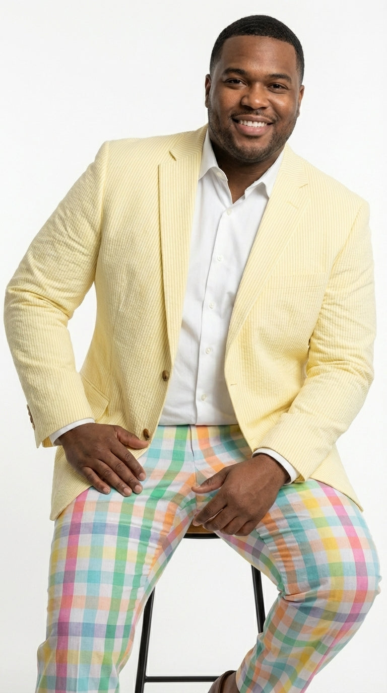 Mens Yellow Seersucker Blazer – Lightweight Summer Sport Coat Formal Casual Wedding Party Jacket - 36 Short