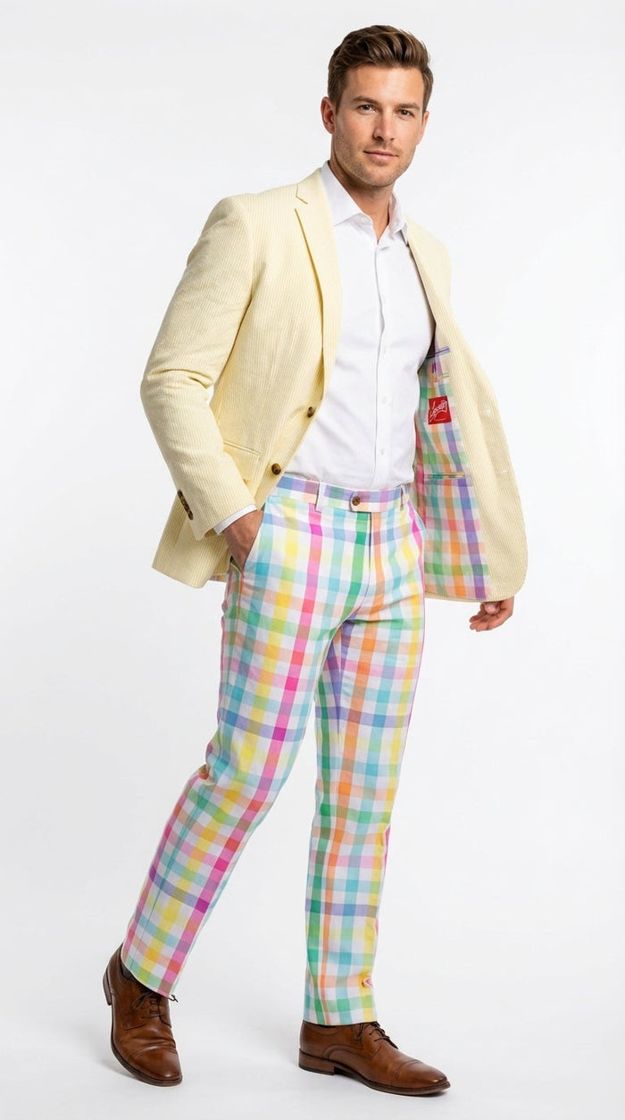 Mens Yellow Seersucker Blazer – Lightweight Summer Sport Coat Formal Casual Wedding Party Jacket