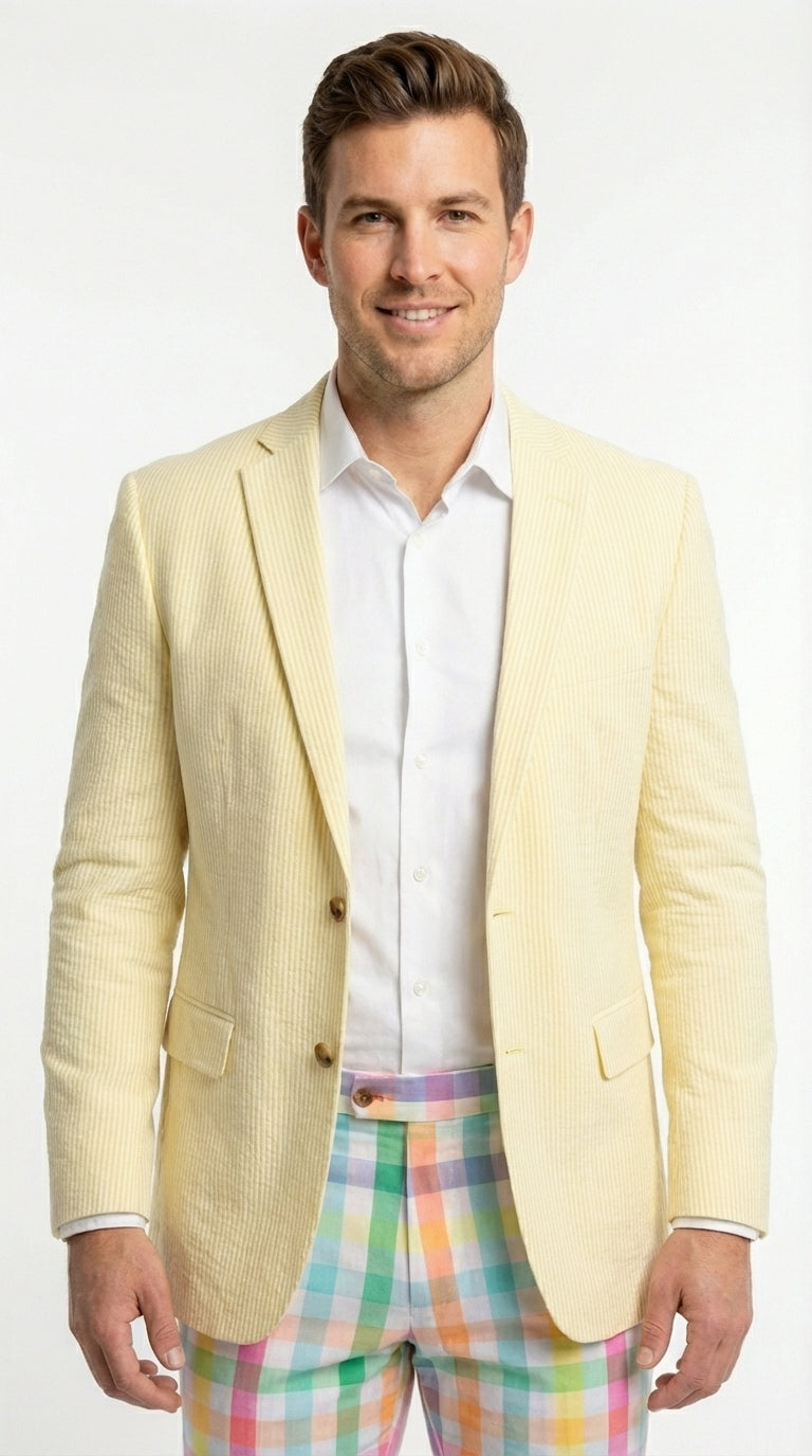 Mens Yellow Seersucker Blazer – Lightweight Summer Sport Coat Formal Casual Wedding Party Jacket - 36 Short