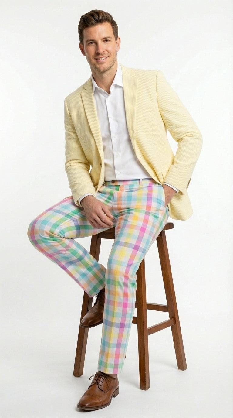 Mens Yellow Seersucker Blazer – Lightweight Summer Sport Coat Formal Casual Wedding Party Jacket - 36 Short