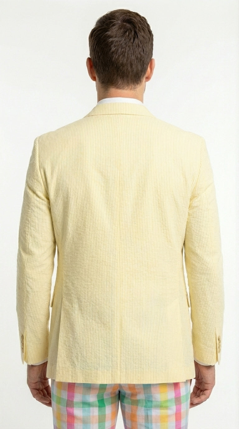 Mens Yellow Seersucker Blazer – Lightweight Summer Sport Coat Formal Casual Wedding Party Jacket - 36 Short