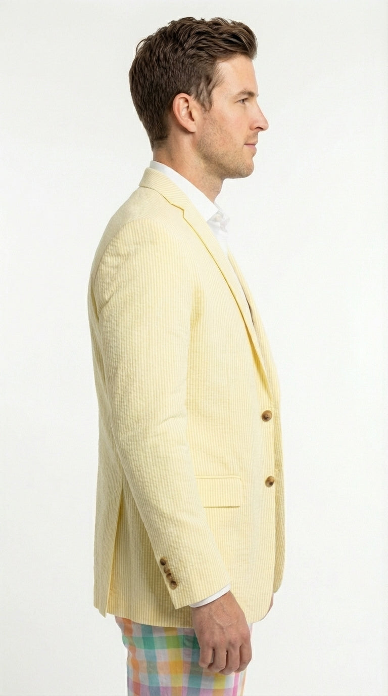 Mens Yellow Seersucker Blazer – Lightweight Summer Sport Coat Formal Casual Wedding Party Jacket - 36 Short