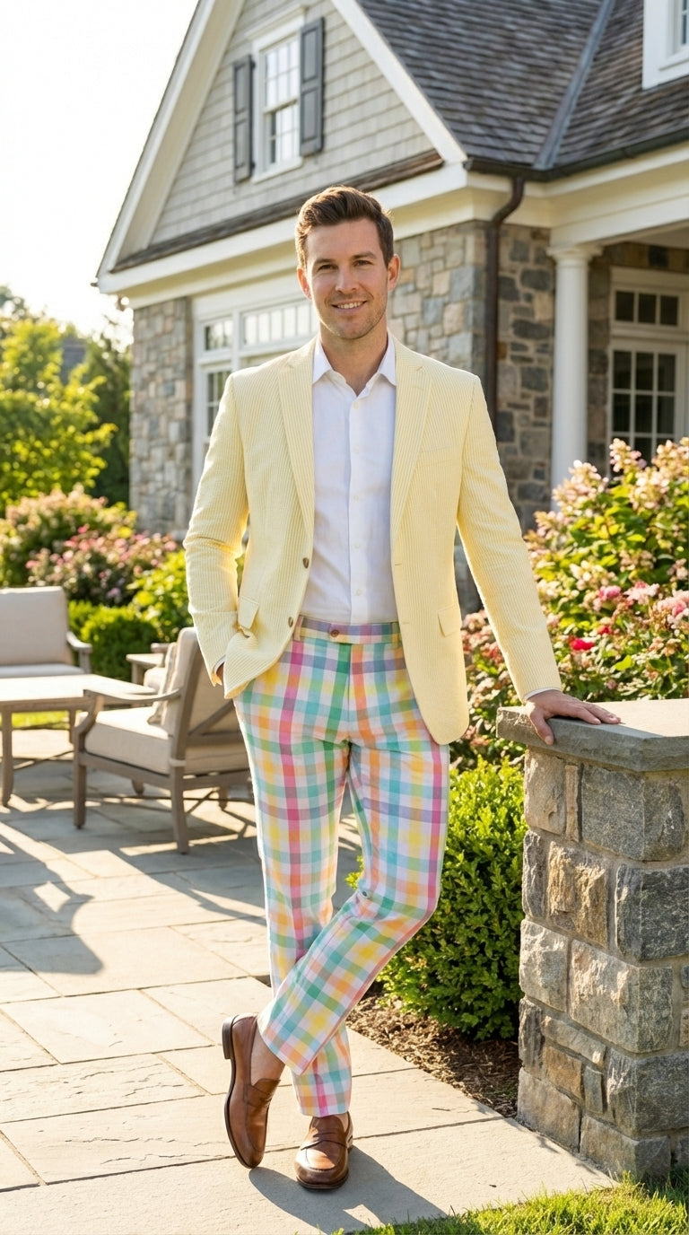 Mens Yellow Seersucker Blazer – Lightweight Summer Sport Coat Formal Casual Wedding Party Jacket - 36 Short
