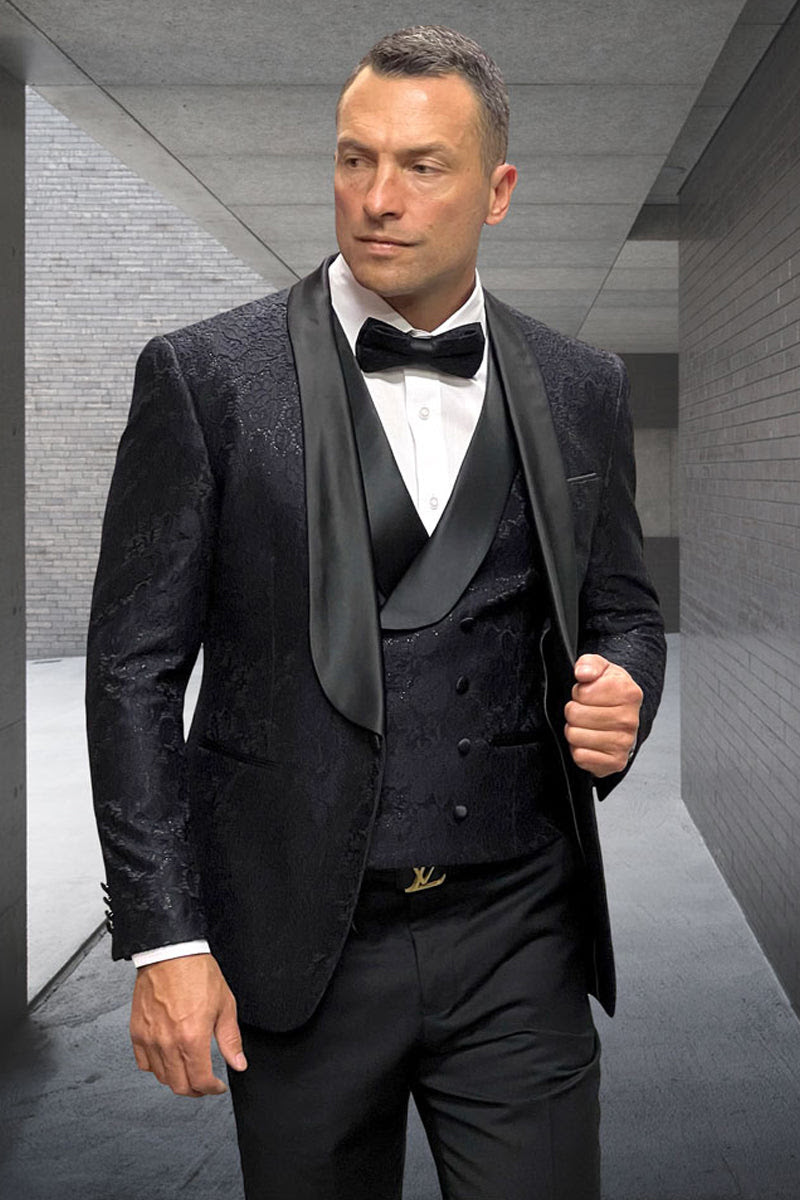 Premium Black Floral Lace Tuxedo for Grooms – Men's Designer Wedding Outfit - 34 Short or Extra Small