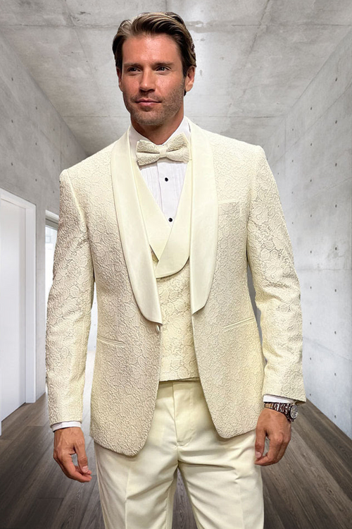 Mens Floral Lace Ivory Tuxedo with Vest Premium Wedding Formalwear