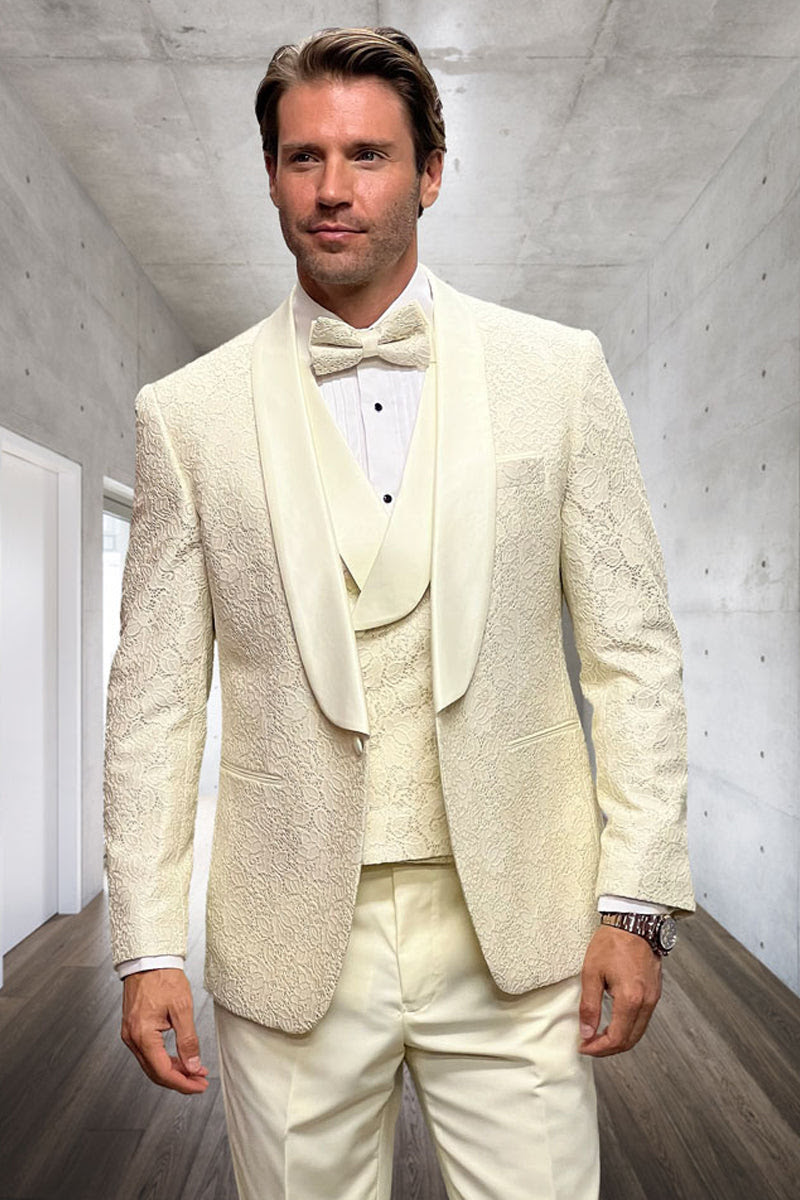 Menâ€™s Floral Lace Ivory Tuxedo with Vest â€“ Premium Wedding Formalwear - 34 Short or Extra Small