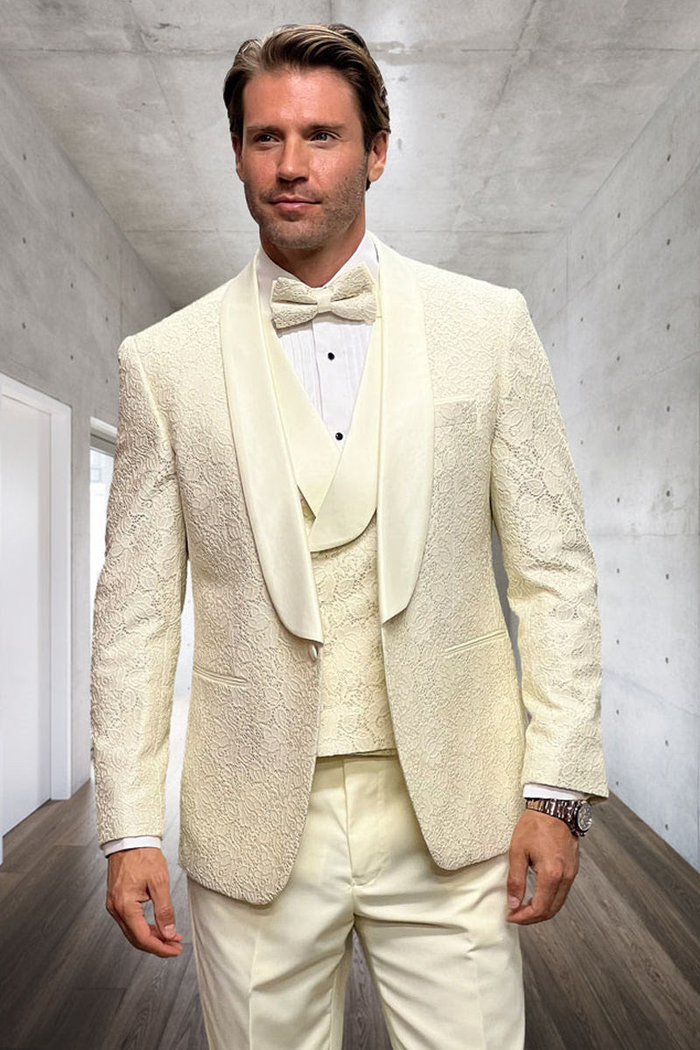 Mens Floral Lace Ivory Tuxedo with Vest Premium Wedding Formalwear