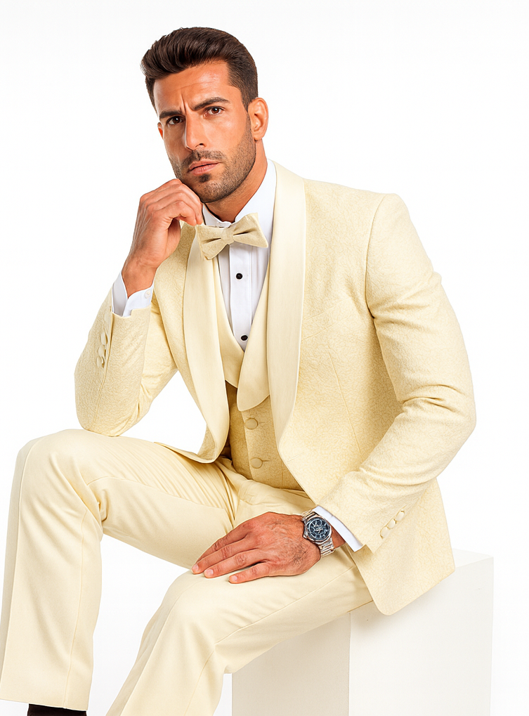 Menâ€™s Floral Lace Ivory Tuxedo with Vest â€“ Premium Wedding Formalwear - 34 Short or Extra Small