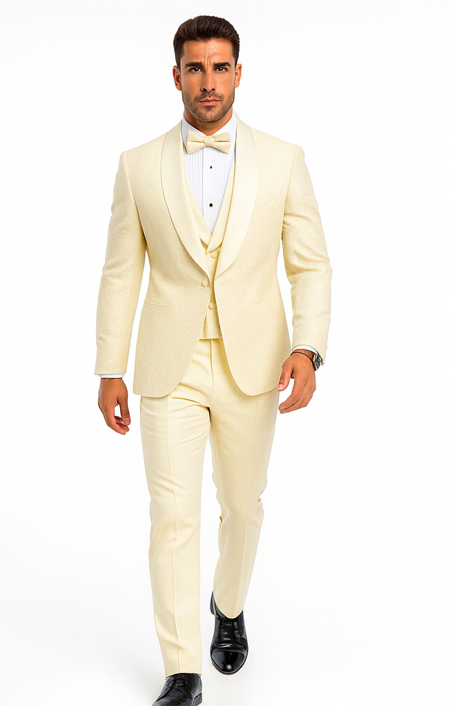 Menâ€™s Floral Lace Ivory Tuxedo with Vest â€“ Premium Wedding Formalwear - 34 Short or Extra Small