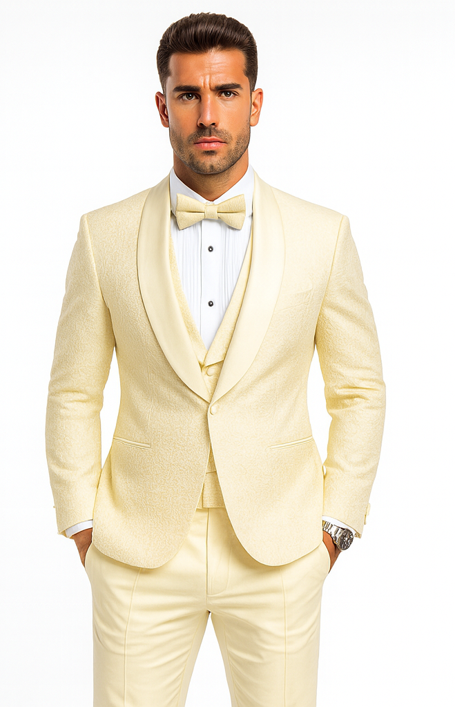 Menâ€™s Floral Lace Ivory Tuxedo with Vest â€“ Premium Wedding Formalwear - 34 Short or Extra Small