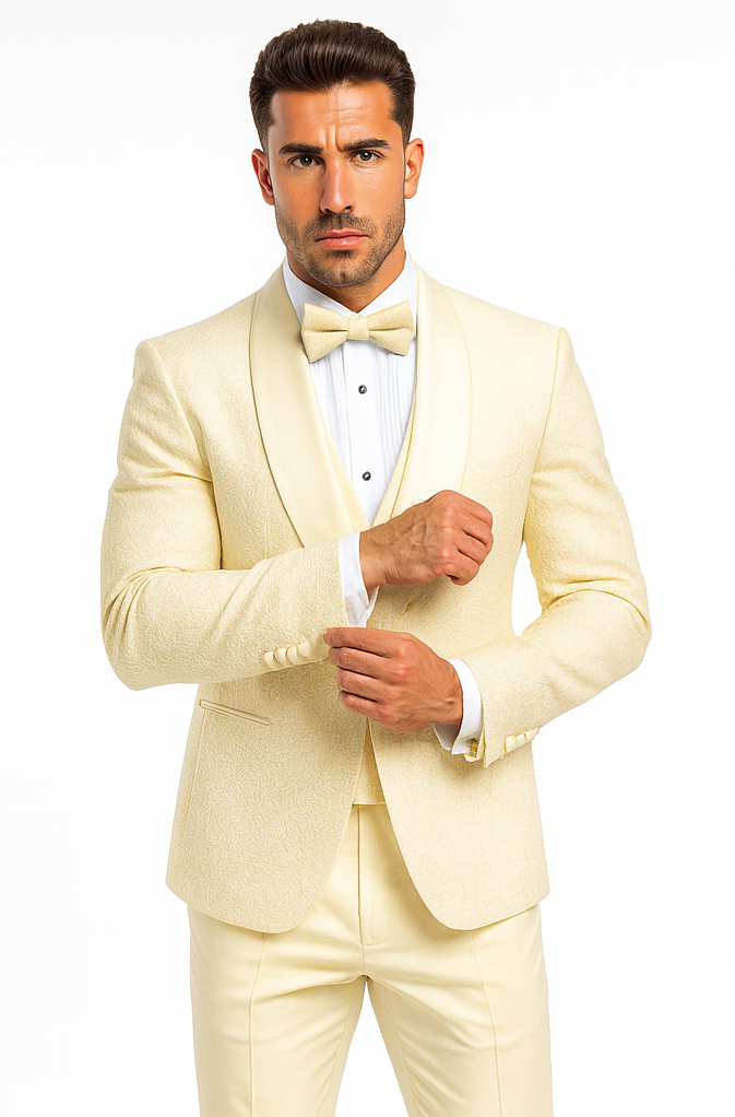 Menâ€™s Floral Lace Ivory Tuxedo with Vest â€“ Premium Wedding Formalwear - 34 Short or Extra Small