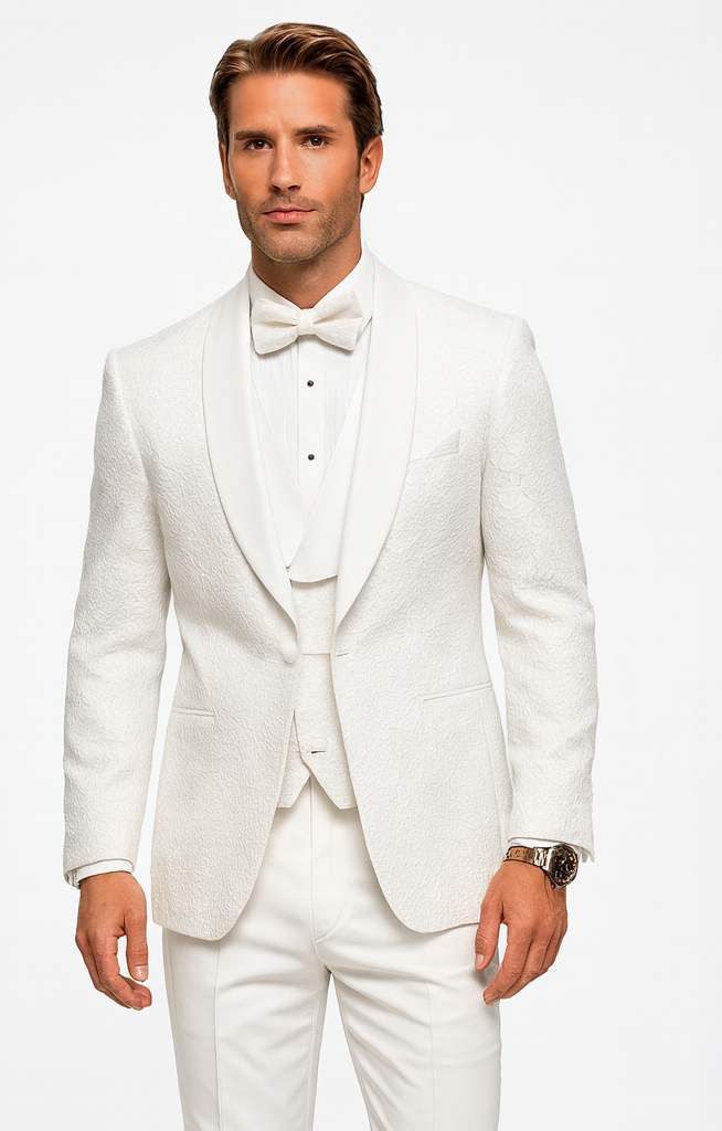 Men’s Floral Lace White Tuxedo with Vest – Premium Wedding Formalwear - 34 Short or Extra Small