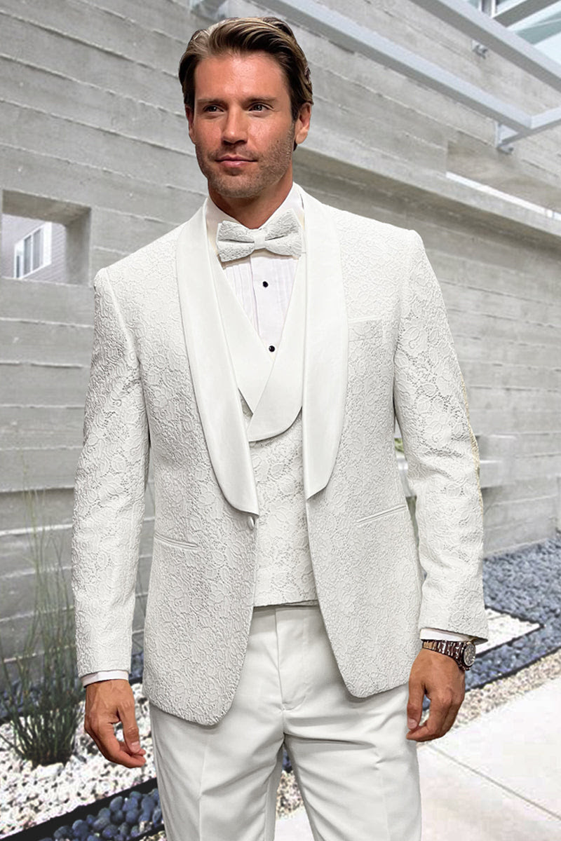 Men’s Floral Lace White Tuxedo with Vest – Premium Wedding Formalwear - 34 Short or Extra Small