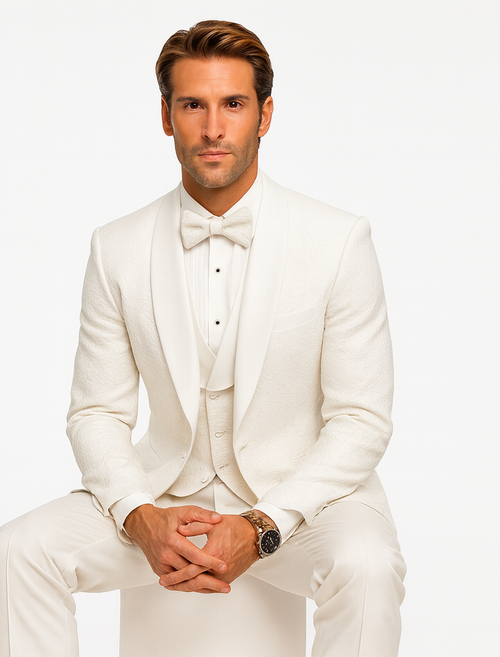 Mens Floral Lace White Tuxedo with Vest Premium Wedding Formal wear