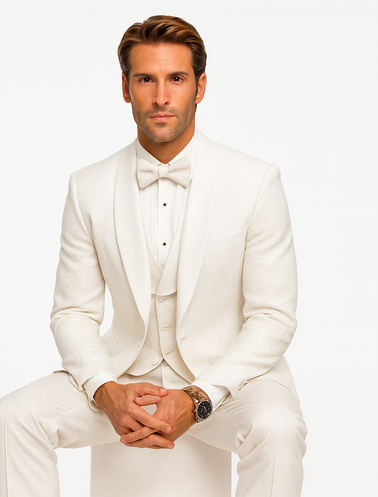 Men’s Floral Lace White Tuxedo with Vest – Premium Wedding Formalwear - 34 Short or Extra Small