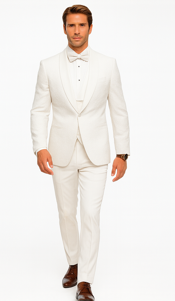Men’s Floral Lace White Tuxedo with Vest – Premium Wedding Formalwear - 34 Short or Extra Small