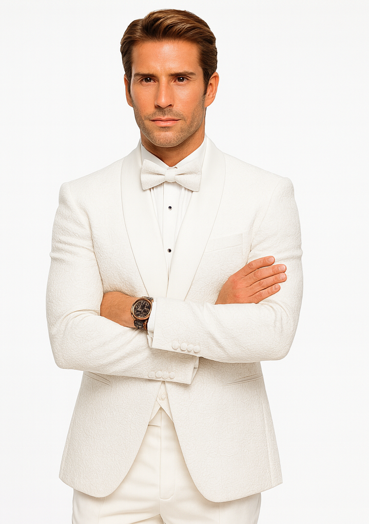Men’s Floral Lace White Tuxedo with Vest – Premium Wedding Formalwear - 34 Short or Extra Small