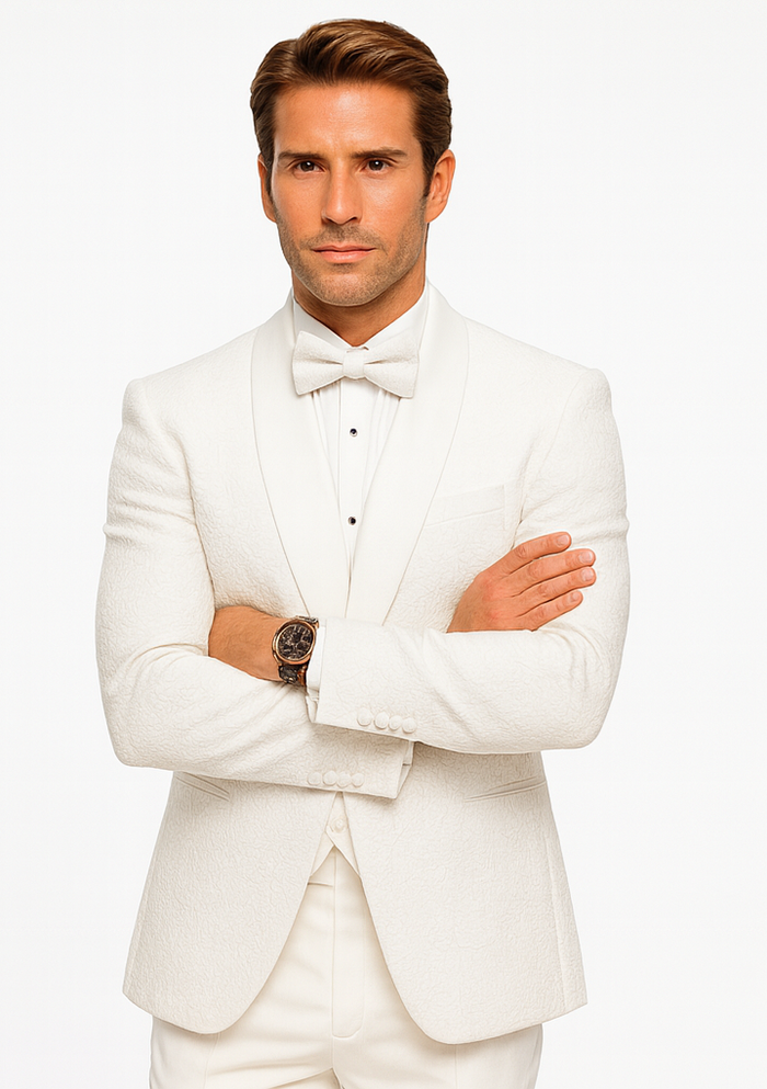 Mens Floral Lace White Tuxedo with Vest Premium Wedding Formal wear